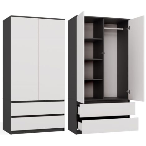 TURIN – Kleiderschrank – Multifunktionskleiderschrank – 2 Türen + 2 Schubladen – Garderobe – Anthrazit und Weiß