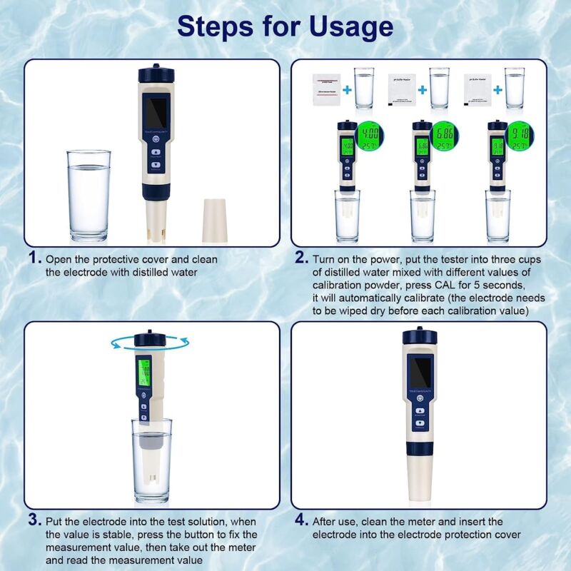 5-en-1Testeur PH Mètre Électronique, PH Mètre avec écran LCD rétro-éclairé, Testeur de qualité de l'eau pour Tester Le pH/TDS/EC/Température/Salinité, pour l'eau Potable/Aquariums/Piscine KCVV 2