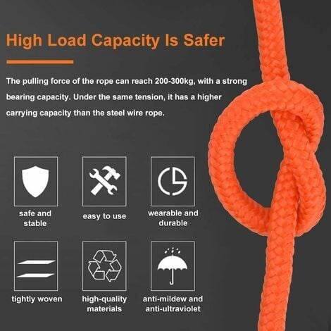 Corde tressée en polypropylène Cordes d'escalade 20M avec mousqueton Protection UV Anti-moisissure Anti-corrosion Multifonctionnel pour Pêche Alpinisme Camping Sauvetage Randonnée - Orange