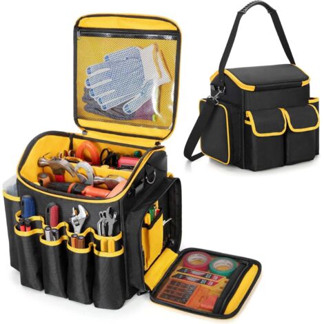 Sac à Outils Carré Robuste 1680D avec Séparateur Amovible - Sacoche de Rangement Professionnelle Étanche Multi-poches - Bandoulière Incluse - Pour Électricien & Plombier - Noir