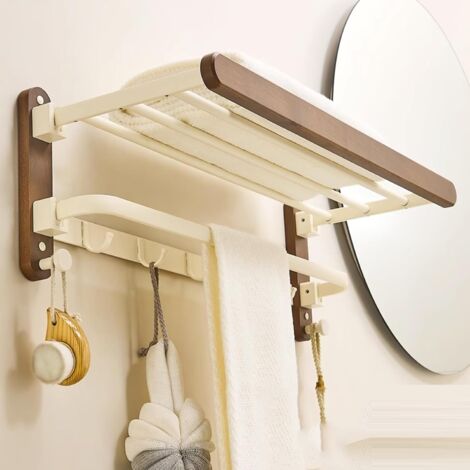 Porte-Serviettes Mural Rabattable (60 cm) - Étagère de Salle de Bain 3 Niveaux avec 7 Crochets - Design Noyer et Aluminium Antirouille - Fixation Sans Perçage ou à Vis (1/4)
