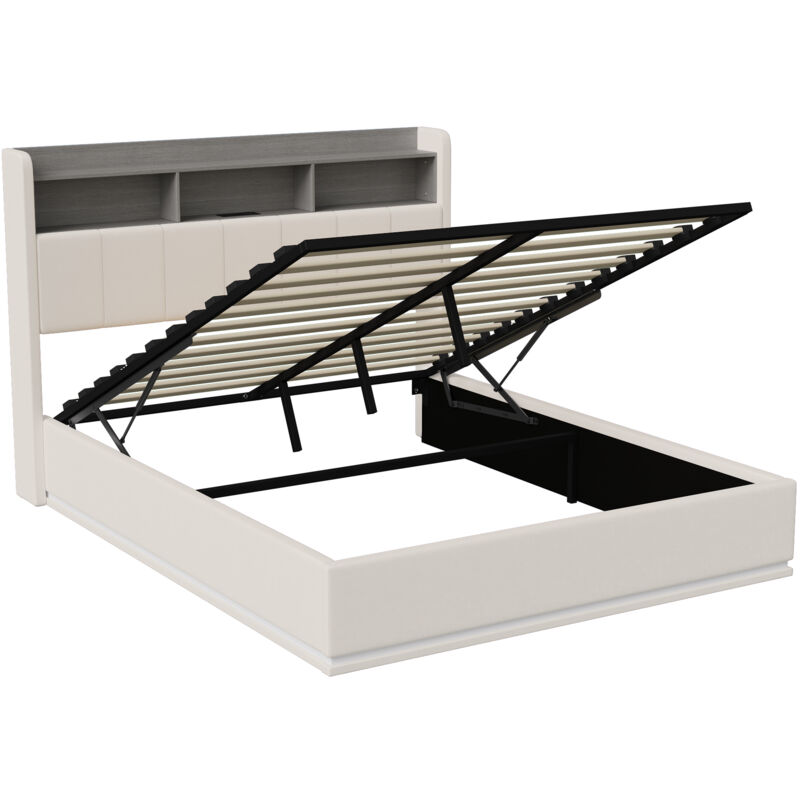 Lit Coffre 140x200cm Avec Rangement LED - Velours Beige - Ports USB/Type-C - Tête De Lit Rembourrée - Adulte/Ado