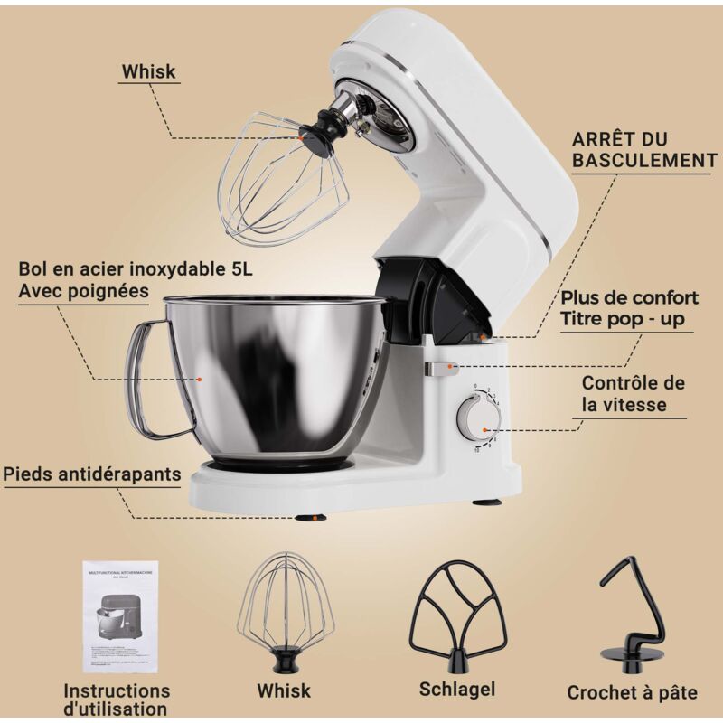 Mixeur Planétaire 7L Pro - Robot Pâtissier Multifonction Avec Bol Inox, 11 Vitesses, Pour Pétrir Et Fouetter Facilement