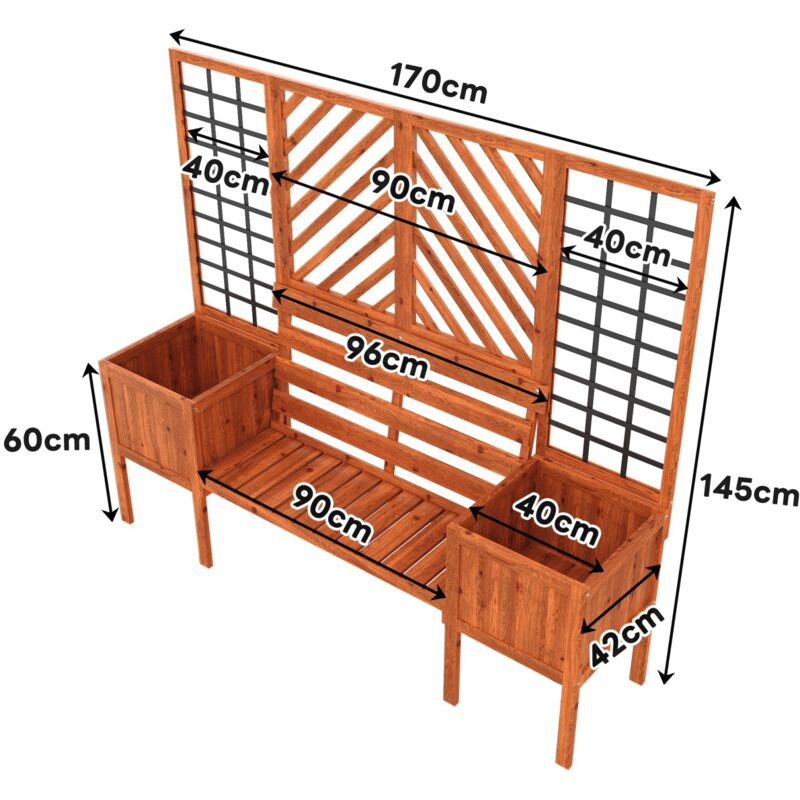 Arche de jardin 170x42x145 cm, avec 2 pots de fleurs, siège, treillis avec aide à l'escalade, pavillon de jardin en arche, sapin massif - Marron 2