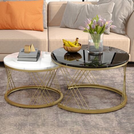 Lot De 2 Tables Basses Gigognes Rondes - Plateau MDF Imitation Travertin, Pour Salon, Chambre (Jaune Clair) - 10