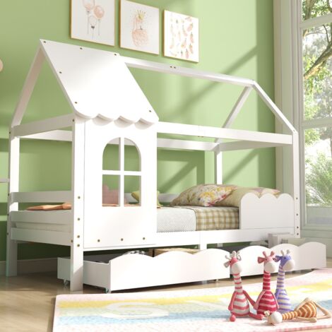 Lit Cabane Enfant 90x200 Cm Avec 2 Tiroirs - Bois Naturel Pin Massif - Barrière De Sécurité - Style Montessori Et Scandinave - 5