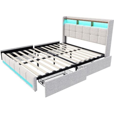 Lit 160x200 cm, avec quatre tiroirs, éclairage LED réglable, 2 USB et 1 fonction de charge tpcy-c, lin, convient aux adultes et aux adolescents - Beige