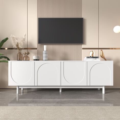 Meuble TV bas 175 cm, meuble tele, avec quatre portes d'armoire texturées, cloisons réglables, style luxe léger, adapté pour salon, chambre, bureau - 175x38x56 cm (Blanc)