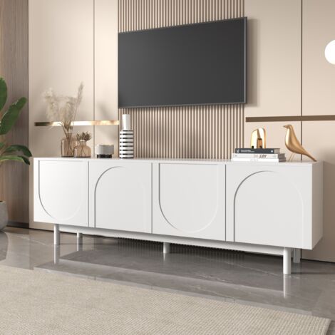 Meuble TV bas 175 cm, meuble tele, avec quatre portes d'armoire texturées, cloisons réglables, style luxe léger, adapté pour salon, chambre, bureau - 175x38x56 cm (Blanc)