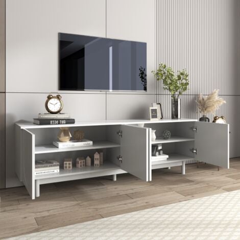 Meuble TV bas 175 cm, meuble tele, avec quatre portes d'armoire texturées, cloisons réglables, style luxe léger, adapté pour salon, chambre, bureau - 175x38x56 cm (Blanc)