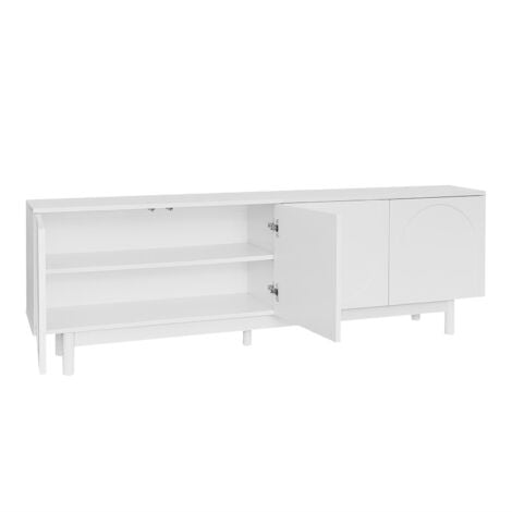 Meuble TV bas 175 cm, meuble tele, avec quatre portes d'armoire texturées, cloisons réglables, style luxe léger, adapté pour salon, chambre, bureau - 175x38x56 cm (Blanc)