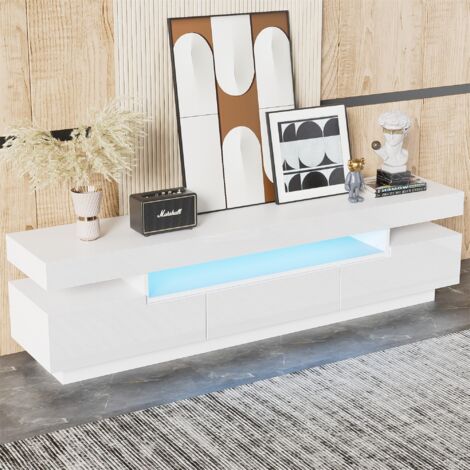 Buffet Moderne Blanc Brillant Avec Bande LED 16 Couleurs – 140 Cm, 3 Tiroirs, 2 Portes – Idéal Salle à Manger Ou Salon