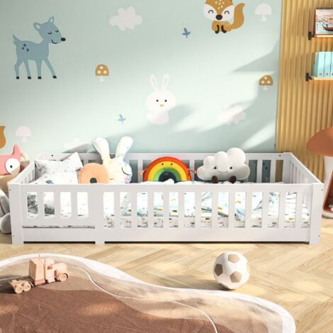 Lit simple enfant 90x200 cm, avec antichute, sommier à lattes, pin massif, lit au sol Montessori, adapté aux garçons et aux filles - Blanc