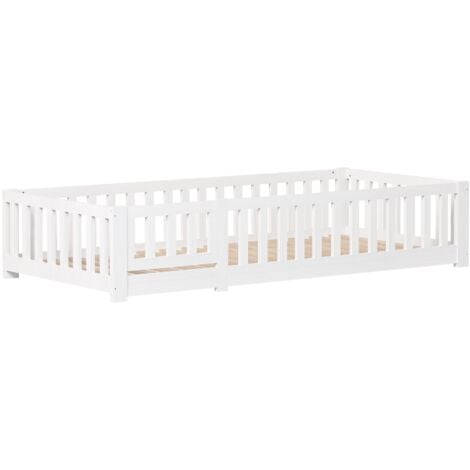 Lit simple enfant 90x200 cm, avec antichute, sommier à lattes, pin massif, lit au sol Montessori, adapté aux garçons et aux filles - Blanc