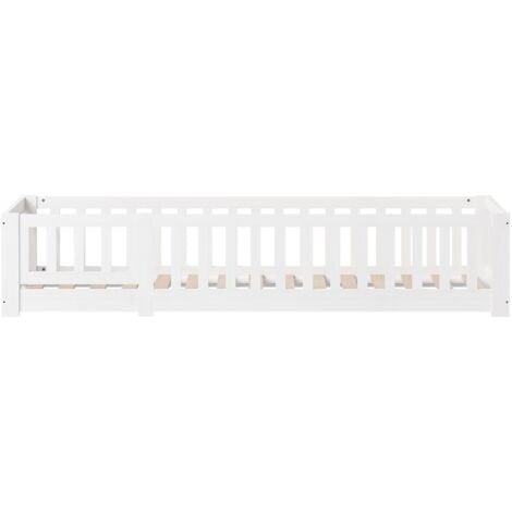 Lit simple enfant 90x200 cm, avec antichute, sommier à lattes, pin massif, lit au sol Montessori, adapté aux garçons et aux filles - Blanc