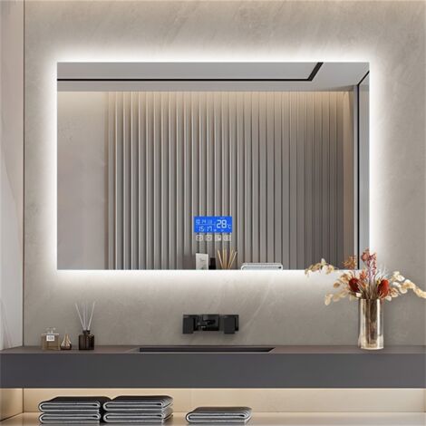 Miroir LED Rond Sans Bordure 80x80 Cm - Affichage Heure Et Température, Antibuée, 3 Réglages De Lumière - Salle De Bain Moderne