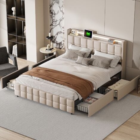 Lit double avec tiroirs 180x200 cm, chargement USB, tête de lit éclairée LED, avec 4 tiroirs, linge, sommier à lattes, adapté aux adultes et adolescents - Beige