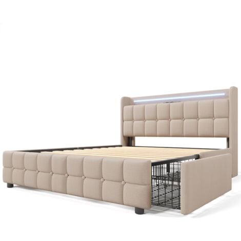 Lit double avec tiroirs 180x200 cm, chargement USB, tête de lit éclairée LED, avec 4 tiroirs, linge, sommier à lattes, adapté aux adultes et adolescents - Beige