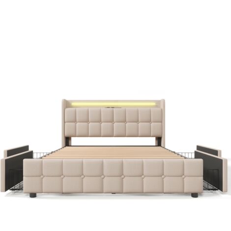 Lit double avec tiroirs 180x200 cm, chargement USB, tête de lit éclairée LED, avec 4 tiroirs, linge, sommier à lattes, adapté aux adultes et adolescents - Beige