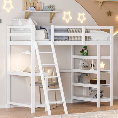 Lit Mezzanine Enfant 90x200 Cm Avec Rangements - Échelle Tiroirs, Placard, étagères - Blanc Ou Noir