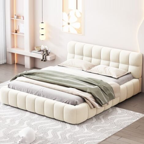 Lit 140x190 cm, avec dossier moelleux et cadre rembourré, sommier à lattes, lin, convient aux adultes et adolescents - Beige