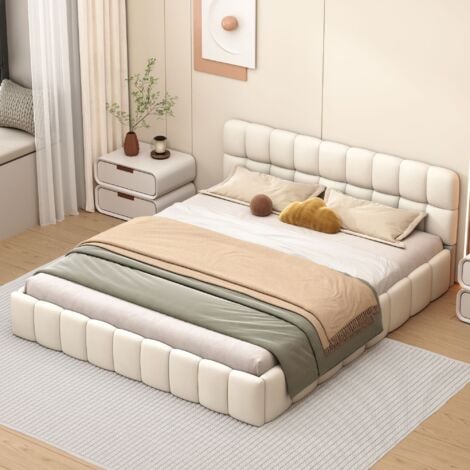 Lit 140x190 cm, avec dossier moelleux et cadre rembourré, sommier à lattes, lin, convient aux adultes et adolescents - Beige