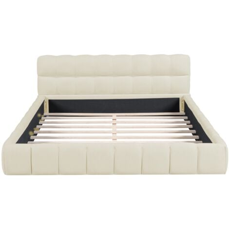 Lit 140x190 cm, avec dossier moelleux et cadre rembourré, sommier à lattes, lin, convient aux adultes et adolescents - Beige