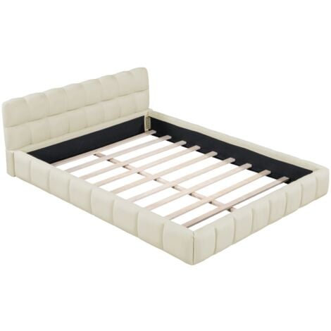 Lit 140x190 cm, avec dossier moelleux et cadre rembourré, sommier à lattes, lin, convient aux adultes et adolescents - Beige