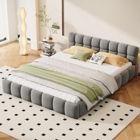 Lit 140x190 cm, avec dossier moelleux et cadre rembourré, sommier à lattes, lin, convient aux adultes et adolescents - Gris