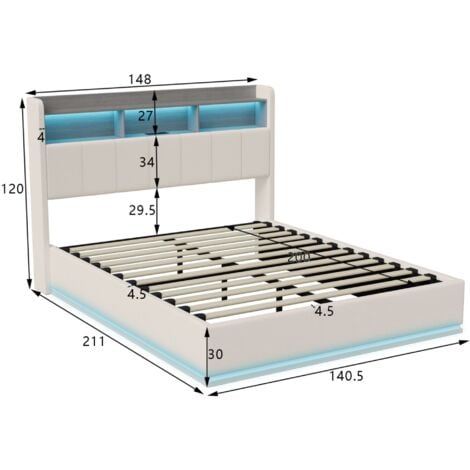 Lit coffre 140x200 cm, avec éclairage LED, fonction de charge USB, velours, compartiments de rangement ouverts, sommier à lattes, lit tapissé hydraulique - Blanc