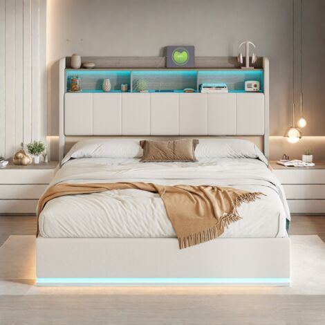 Lit coffre 140x200 cm, avec éclairage LED, fonction de charge USB, velours, compartiments de rangement ouverts, sommier à lattes, lit tapissé hydraulique - Blanc