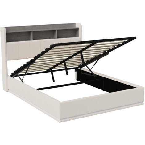 Lit coffre 140x200 cm, avec éclairage LED, fonction de charge USB, velours, compartiments de rangement ouverts, sommier à lattes, lit tapissé hydraulique - Blanc