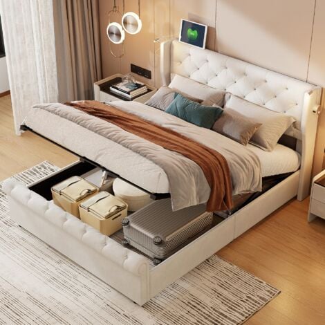Lit coffre 140x190 cm, lit capitonné hydraulique, avec rangement pneumatique, lampe de chevet et port USB, velours, adapté aux adultes et adolescents - Beige
