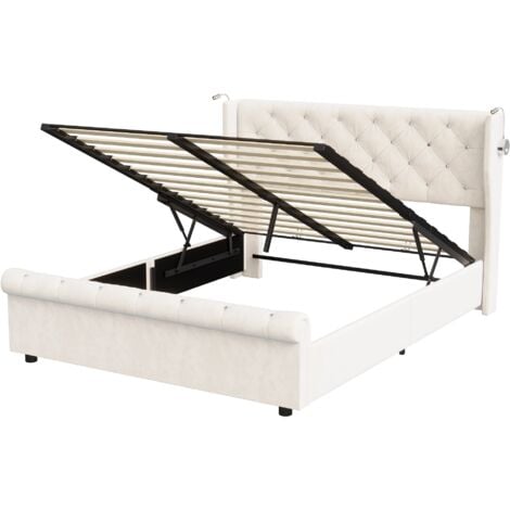 Lit coffre 140x190 cm, lit capitonné hydraulique, avec rangement pneumatique, lampe de chevet et port USB, velours, adapté aux adultes et adolescents - Beige