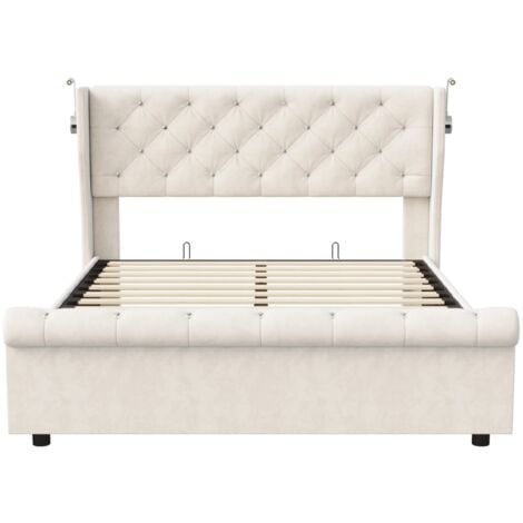 Lit coffre 140x190 cm, lit capitonné hydraulique, avec rangement pneumatique, lampe de chevet et port USB, velours, adapté aux adultes et adolescents - Beige