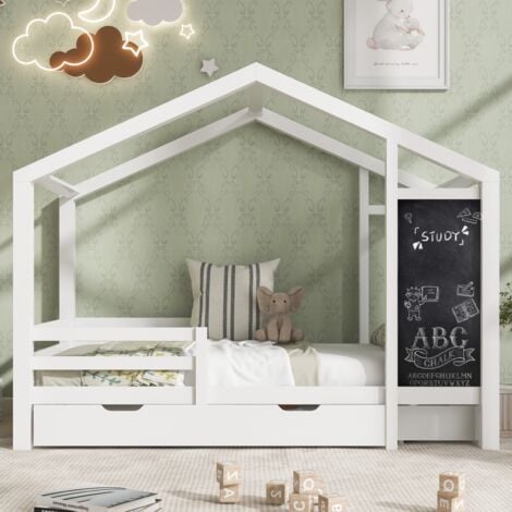 Lit cabane enfant 90x200 cm, avec tableau noir et 2 tiroirs, avec rail antichute et sommier à lattes, pin, adapté aux enfants et adolescents - Blanc