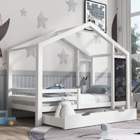 Lit cabane enfant 90x200 cm, avec tableau noir et 2 tiroirs, avec rail antichute et sommier à lattes, pin, adapté aux enfants et adolescents - Blanc
