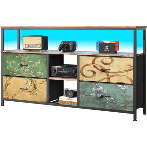 Meuble TV Vintage Avec éclairage LED - 108 Cm - 4 Tiroirs + 3 étagères - Cadre Fer Et Panneaux Bois - Pieds Réglables