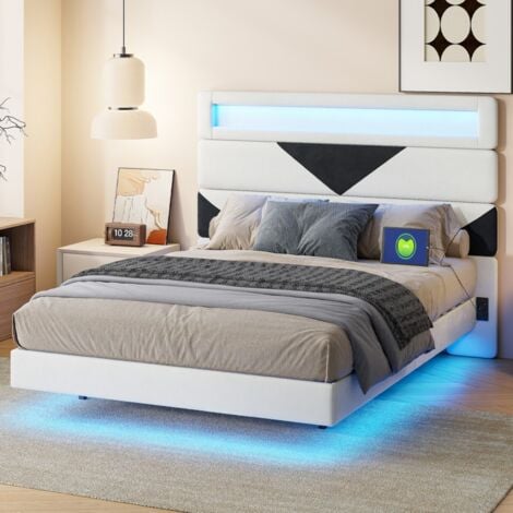 Lit double 140x190cm - matière velours, éclairage LED + chargement USB, design suspendu, tête de lit triangulaire, sommier à lattes - Blanc