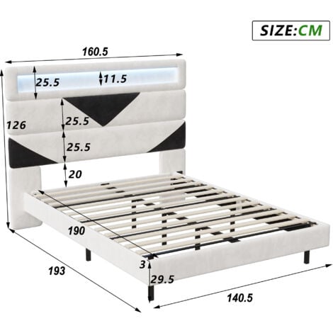 Lit double 140x190cm - matière velours, éclairage LED + chargement USB, design suspendu, tête de lit triangulaire, sommier à lattes - Blanc
