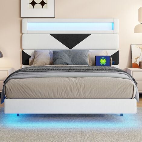 Lit double 140x190cm - matière velours, éclairage LED + chargement USB, design suspendu, tête de lit triangulaire, sommier à lattes - Blanc