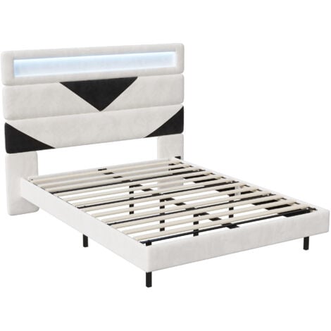 Lit double 140x190cm - matière velours, éclairage LED + chargement USB, design suspendu, tête de lit triangulaire, sommier à lattes - Blanc
