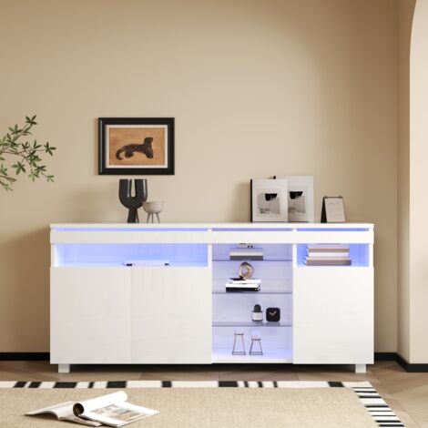 Buffet LED 140cm Blanc Laqué Et Bois 3 Portes Et 2 Niches Avec Éclairage - Buffet