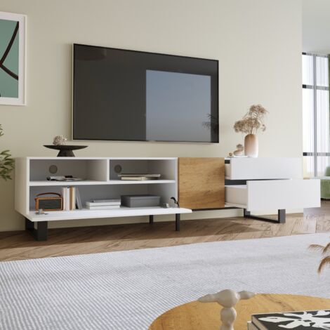 Meuble TV Moderne Blanc 180 Cm Avec Portes Nid D'abeille Et Pieds Dorés - Pour Téléviseur Jusqu'à 200 Cm