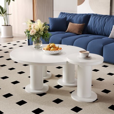 Ensemble 2 Tables Basses Gigognes Rondes - Style Travertin Jaune - Pied Cylindrique - Moderne Et Minimaliste