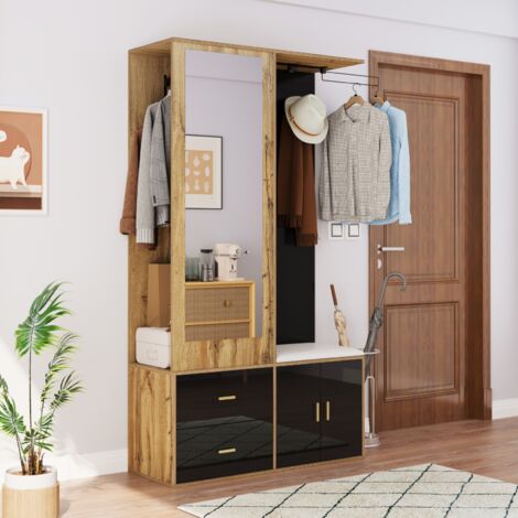 Meuble d'entrée 100x38x180 cm, avec 2 patères, 1 cintre rétractable, 2 tiroirs, miroir, meuble à chaussures, banc à chaussures, convient pour entrée, couloir - Noir