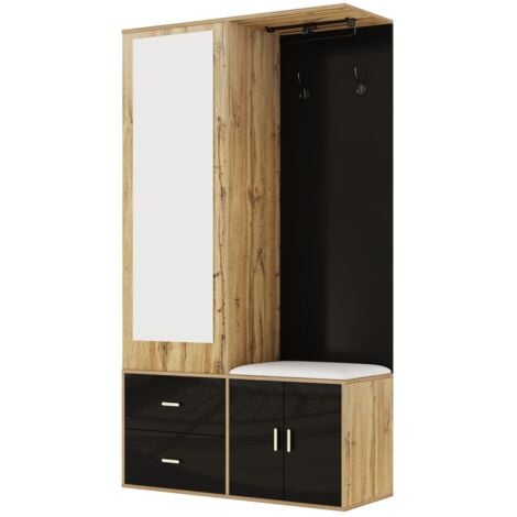 Meuble d'entrée 100x38x180 cm, avec 2 patères, 1 cintre rétractable, 2 tiroirs, miroir, meuble à chaussures, banc à chaussures, convient pour entrée, couloir - Noir