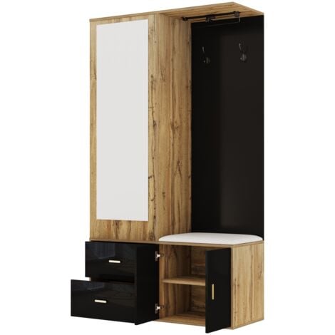 Meuble d'entrée 100x38x180 cm, avec 2 patères, 1 cintre rétractable, 2 tiroirs, miroir, meuble à chaussures, banc à chaussures, convient pour entrée, couloir - Noir