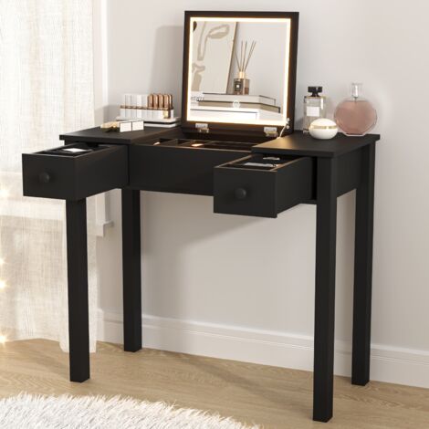 Coiffeuse 83x40x74 cm, avec éclairage LED, miroir rabattable, 2 tiroirs ...