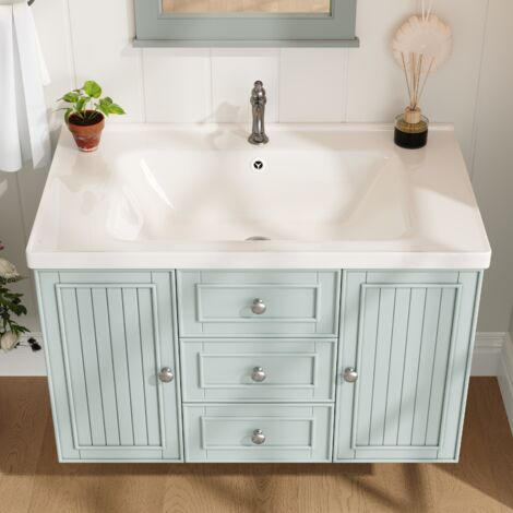 Meuble de salle de bain suspendu 78,5x46x46,8 cm avec lavabo, 3 tiroirs, 1 double tiroir, 1 armoire – Vert